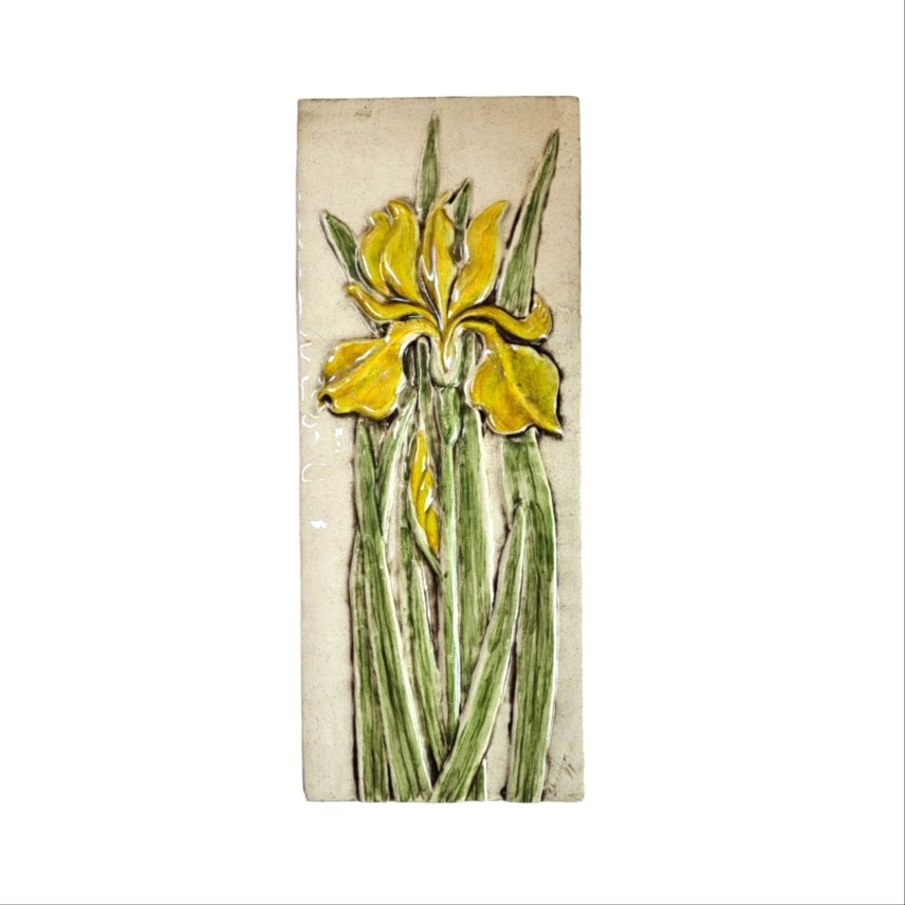 10×4 In, Relief Carved Ceramic Tile, Iris by Shannon Gresham 1997 Earth Song